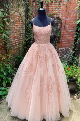 2025 New Arrival Tulle Blush Pink With Appliques Lace Up Prom Dresses