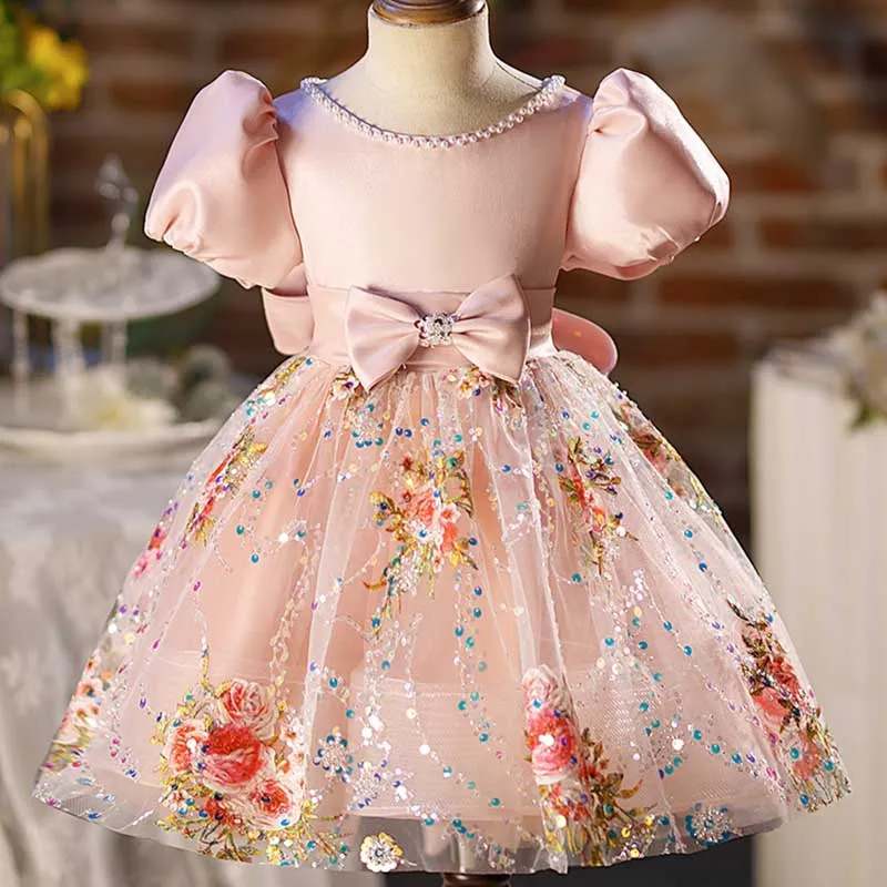 Baby Girl Dress Toddler Ball Gowns Birthday Party Sequin Bowknot Mesh Communion Dress