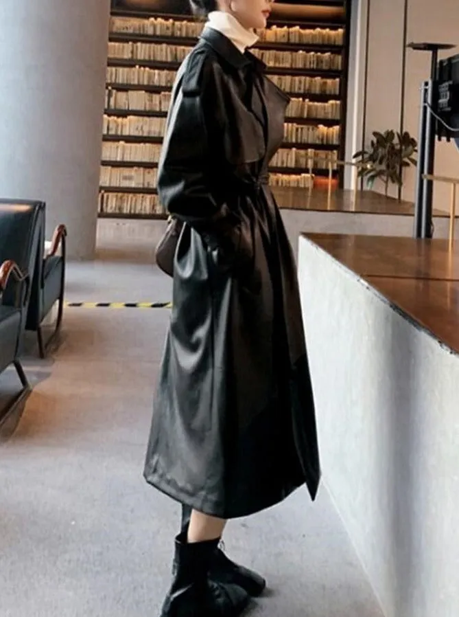 Black Oversized Long Waterproof Leather Trench Coat for Women 2022 S-7XL