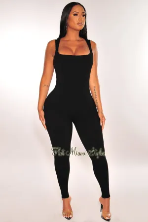 Black Ribbed Sleeveless Square Neck Jumpsuit