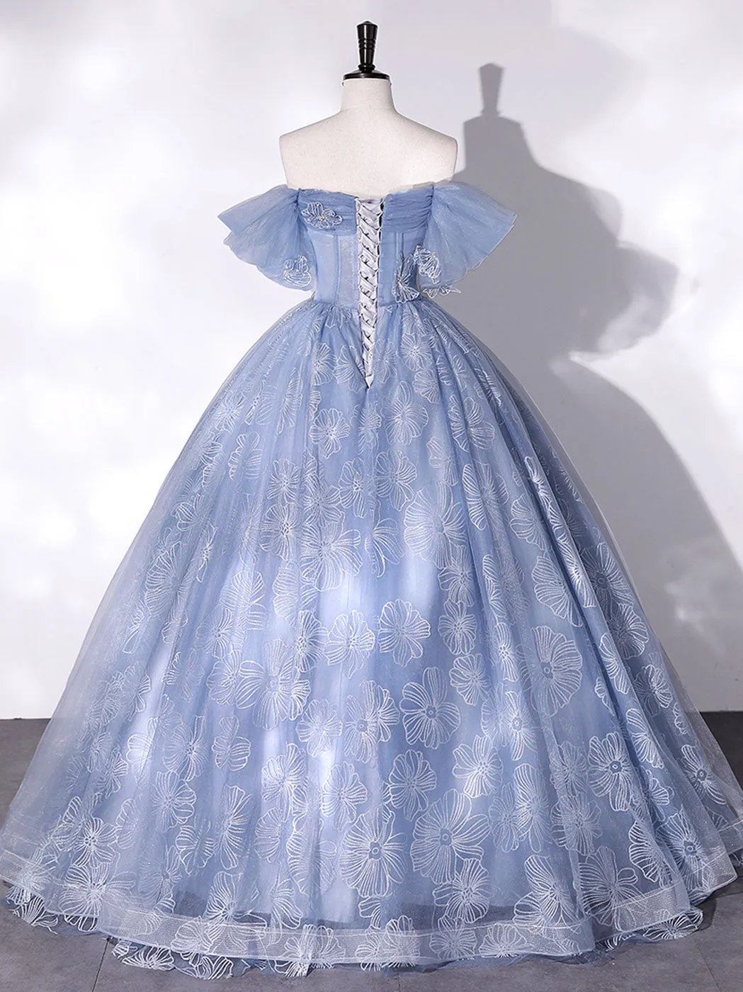 Blue Off Shoulder Ball Gown Floral Tulle Party Dress, Blue Sweet 16 Dress