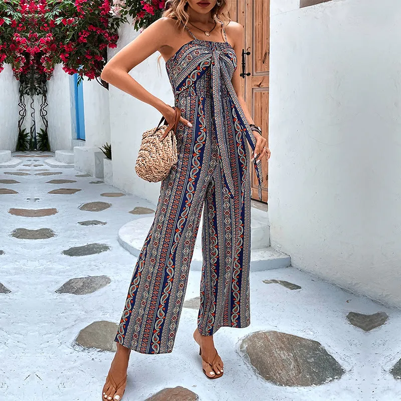 Bohemian Python Print Suspenders Slim-Fit Wide-Leg Jumpsuit Wholesale Women Clothing