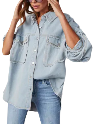 Button Down Raw Hem Denim Shirt