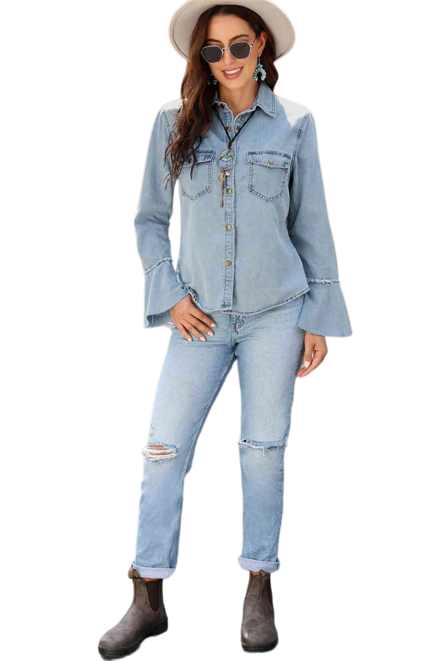 Button Front Flare Sleeve Denim Top