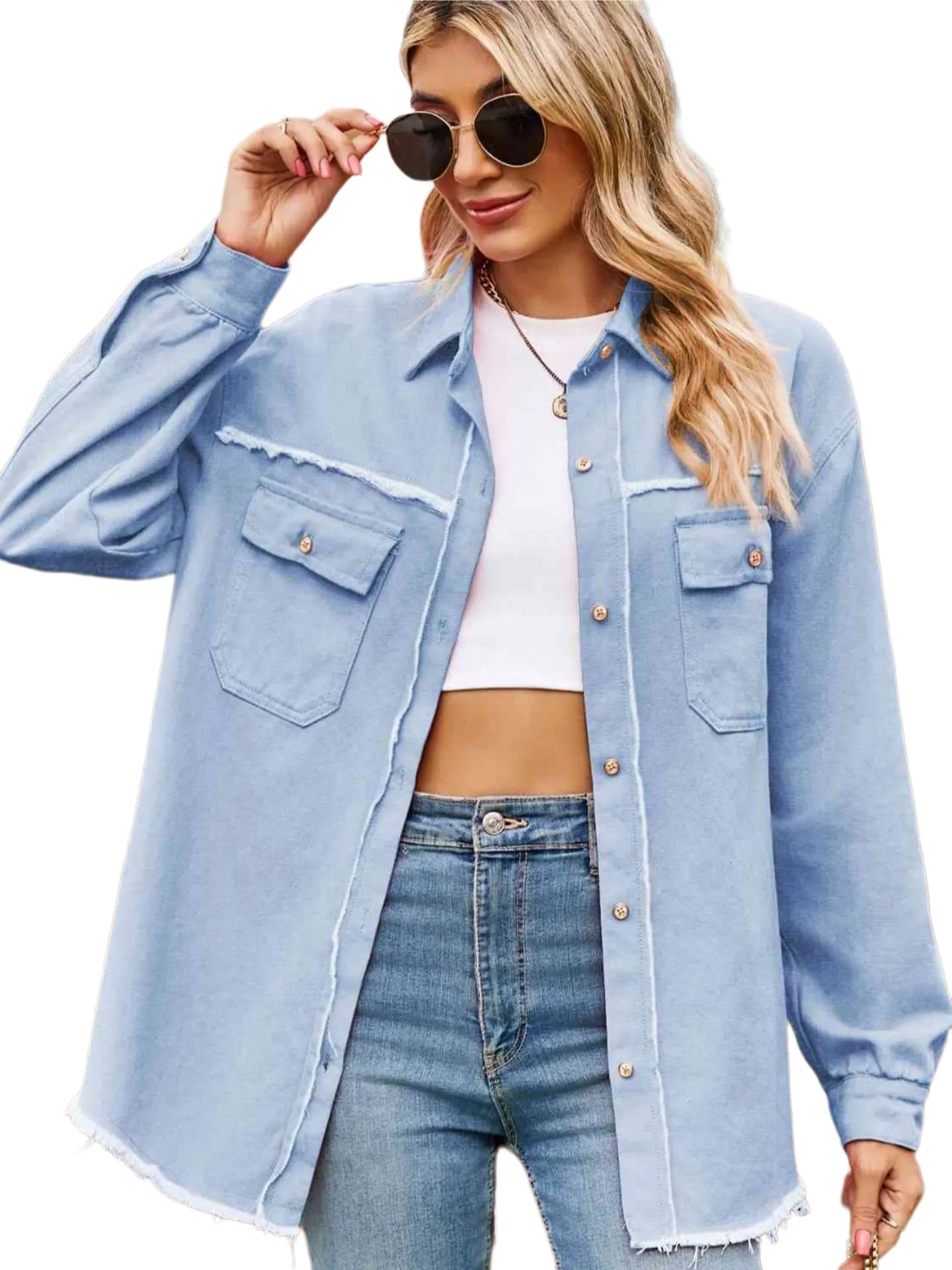 Button Up Collared Neck Raw Hem Denim Top