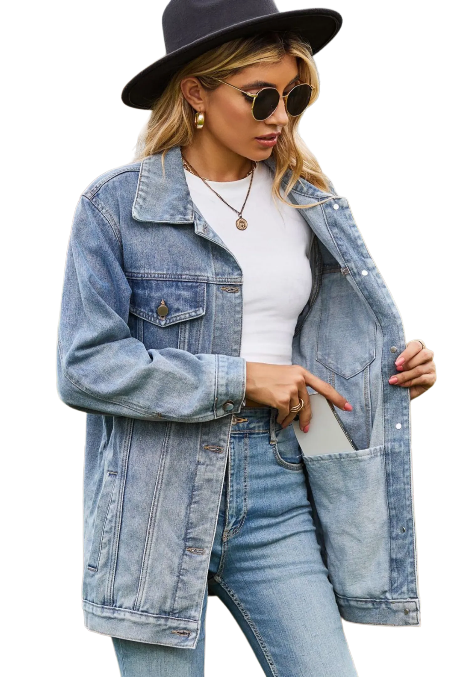 Buttoned Collared Neck Denim Jacket with Pockets