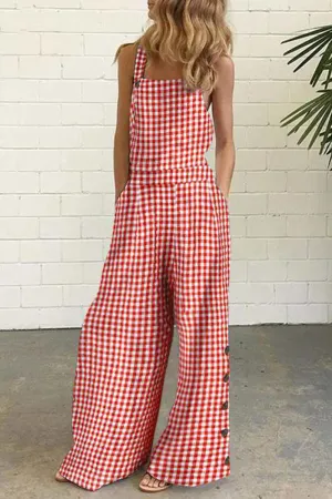 Casual Plaid Buttons Square Collar Straight Jumpsuits