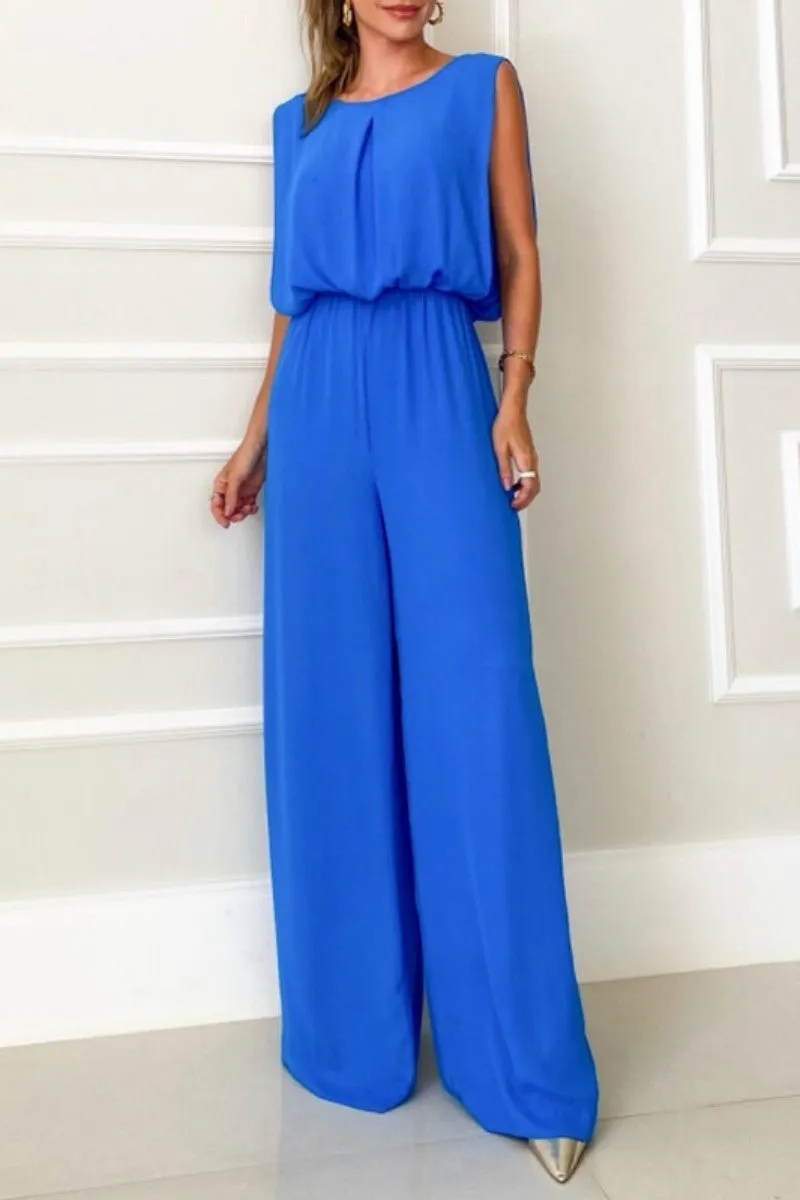 Casual Solid Backless O Neck Regular Jumpsuits