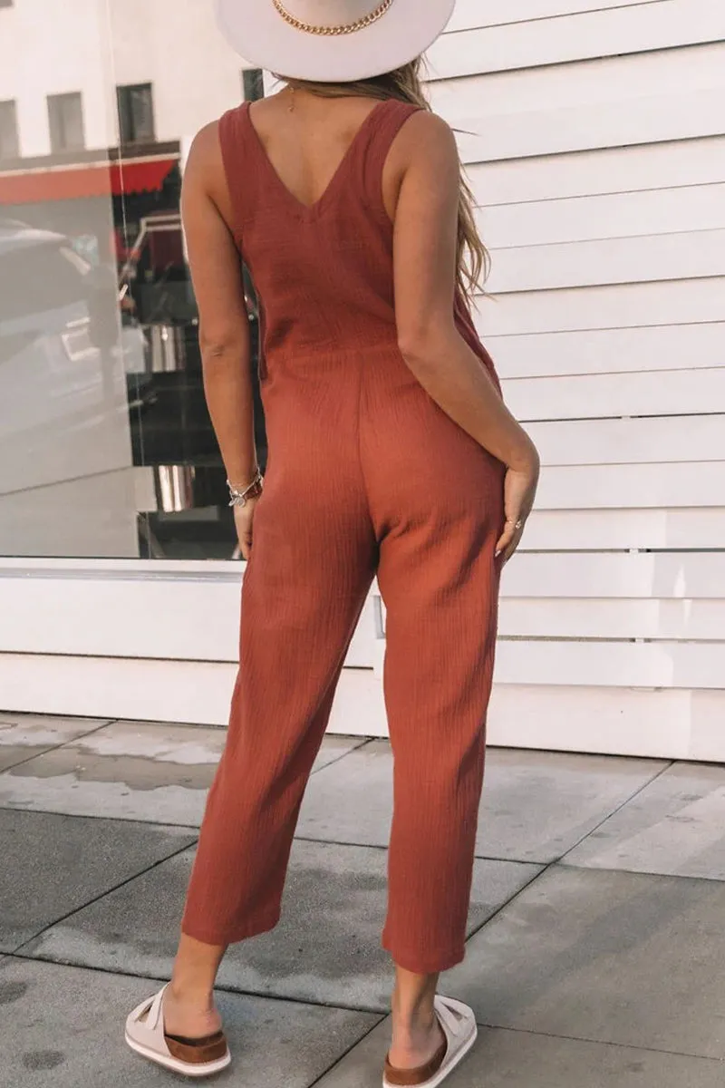 Casual Solid Pocket Buttons V Neck Loose Jumpsuits