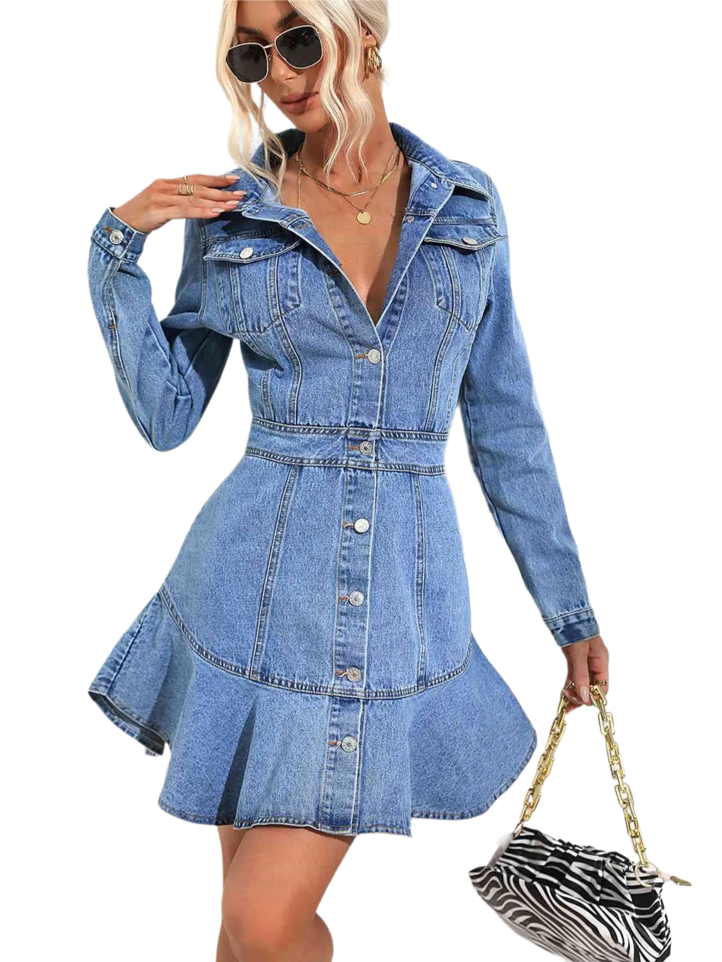 Collared Neck Button Down Denim Dress