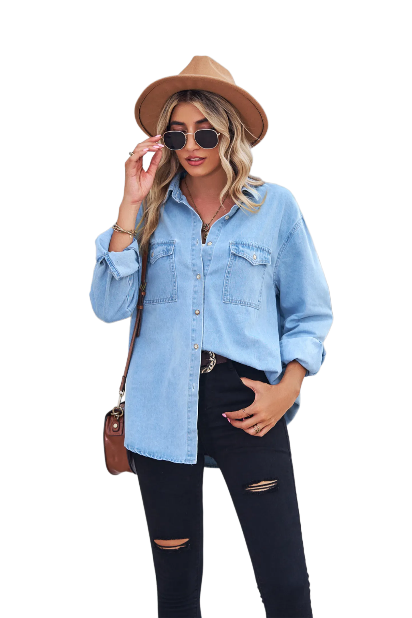 Collared Neck Dropped Shoulder Denim Top