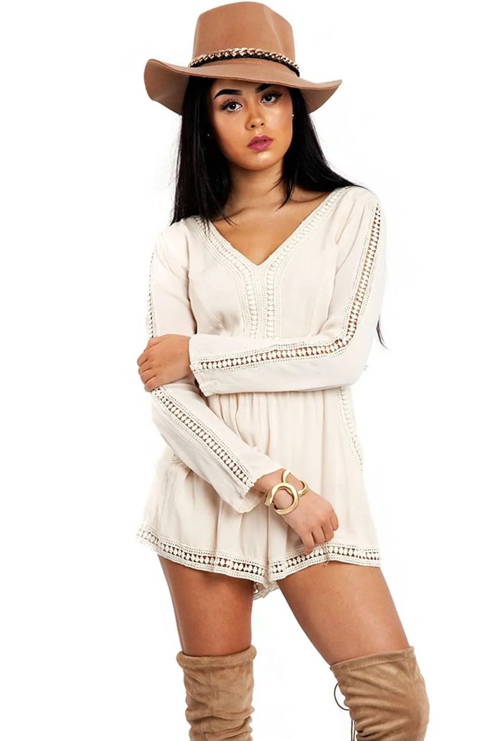 Cream Crochet Lace Detail Tie Back Playsuit