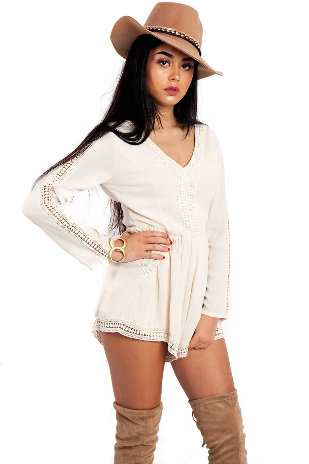 Cream Crochet Lace Detail Tie Back Playsuit