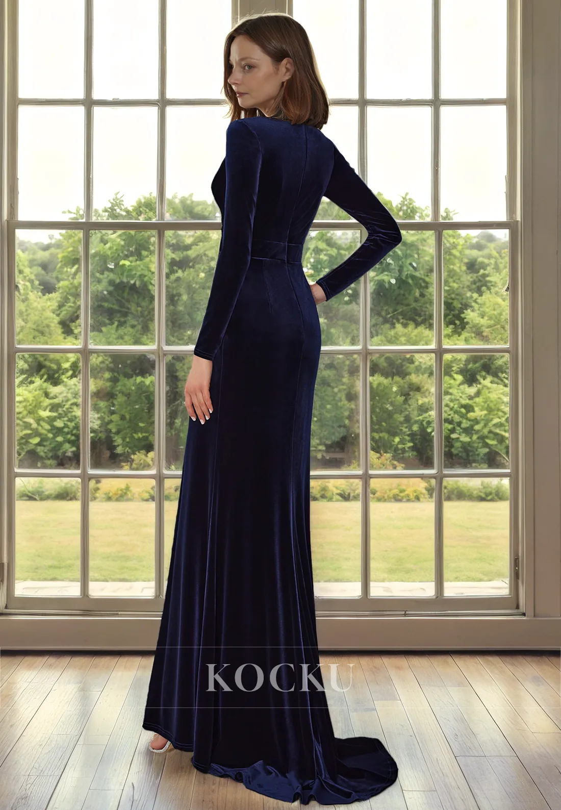 Elegant V-Neck Long sleeves Mermaid Split Cocktail Mother of the Bride Dress