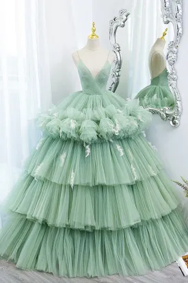 Green V-Neck Layers Tulle Long Ball Gown A-Line Formal Gown