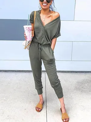 iForgirls V Neck Short Sleeve Tie Waist Solid Jumpsuit