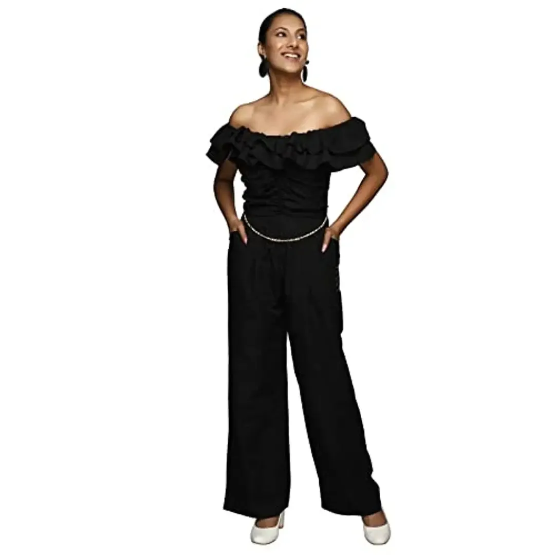 Jumpsuit Having Double Layer Off Shoulder Ruffles.(M)