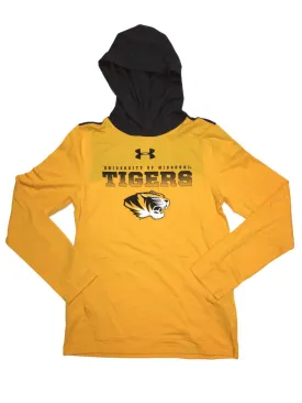 Missouri Tigers Under Armour Loose Fit YOUTH Yellow Gray LS Hooded T-Shirt (M)