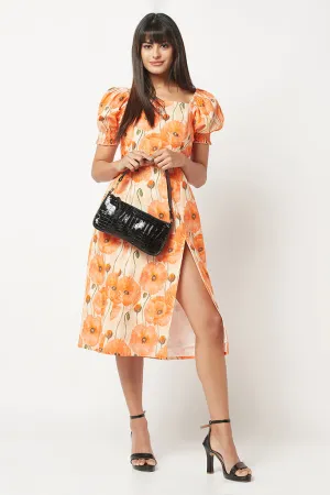 Orange Floral Slit Dress