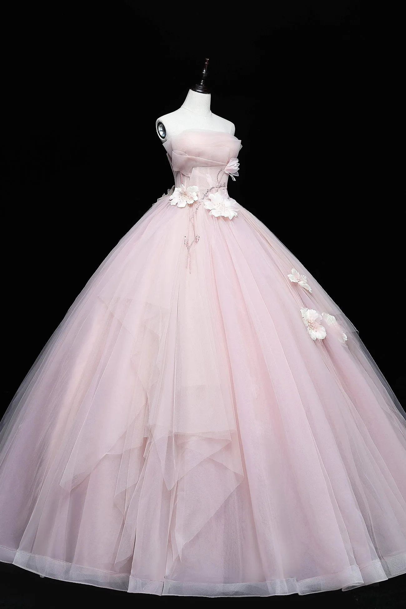 Pink Tulle Long A-Line Ball Gown, Pink Strapless Princess Sweet 16 Dress