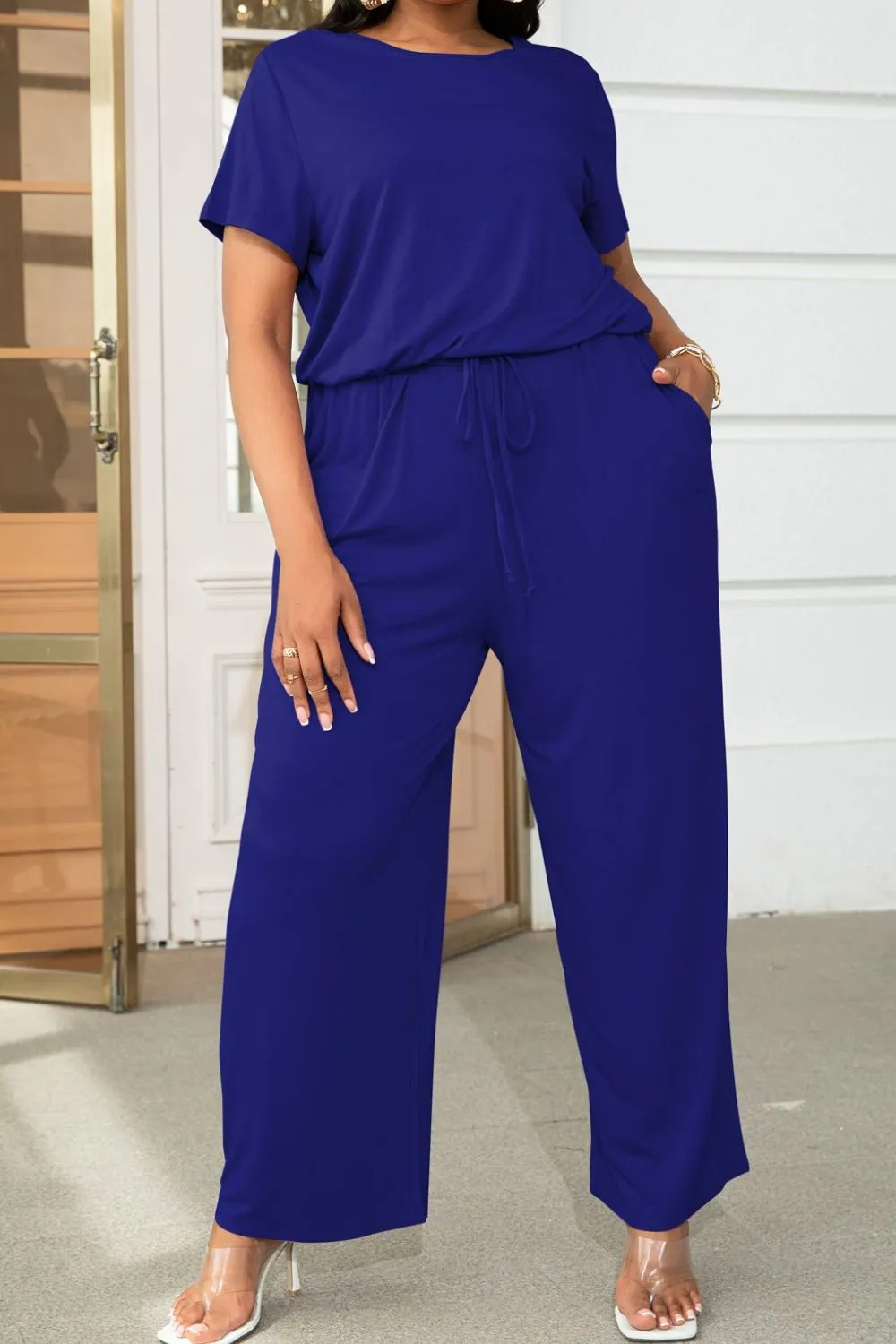 Plus Size Drawstring Waist Short Sleeve Jumpsuit