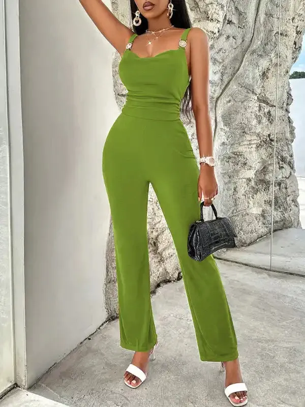 Sexy solid color metal jumpsuit with suspenders