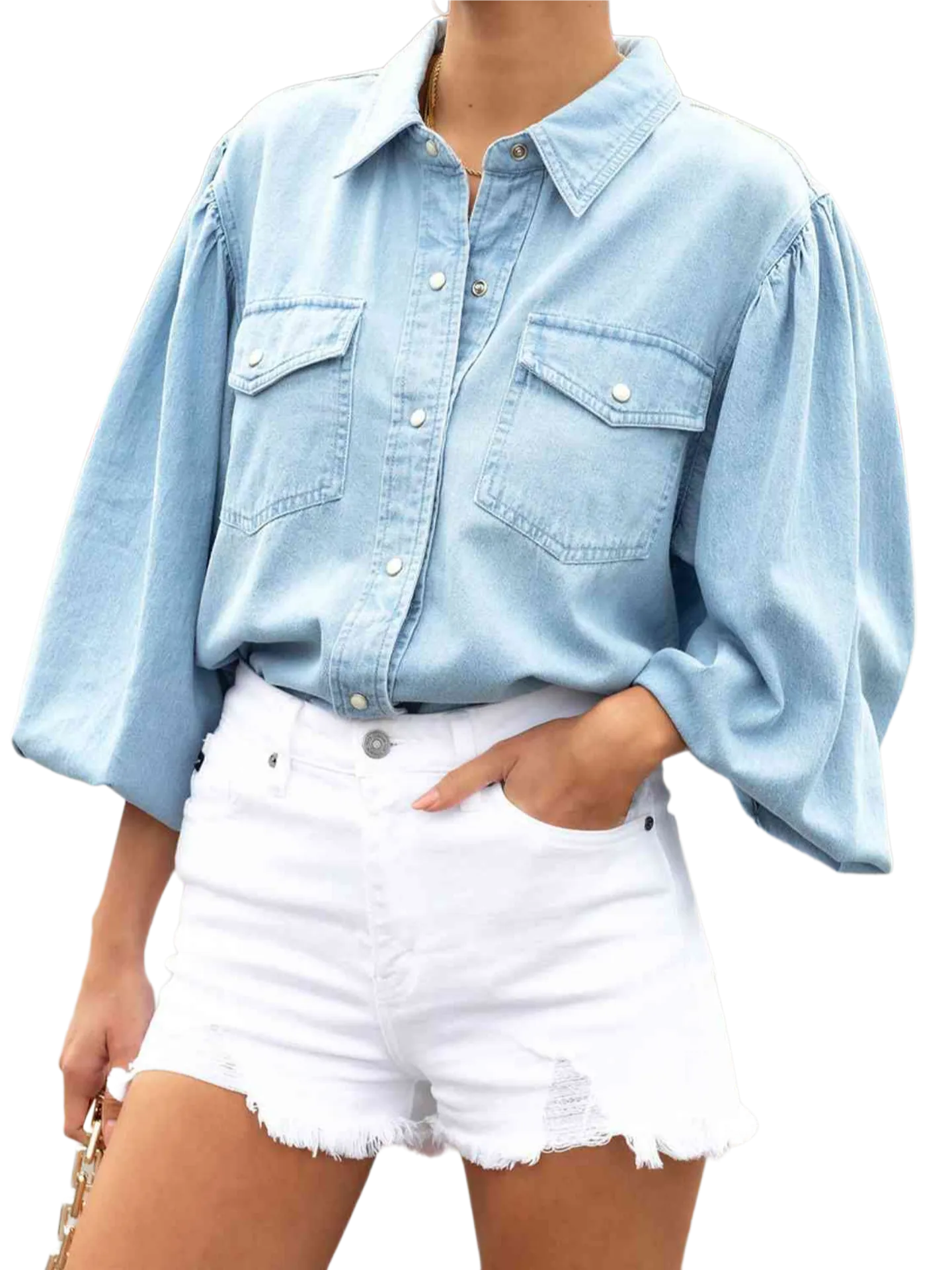 Snap Down Puff Sleeve Denim Top