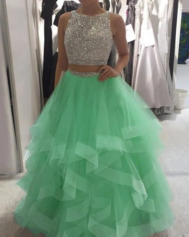 Sparkly Sequins Beaded Organza Layered Ball Gowns Prom Dresses Two Piece