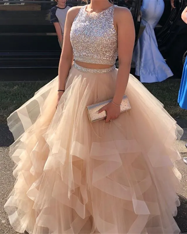 Sparkly Sequins Beaded Organza Layered Ball Gowns Prom Dresses Two Piece