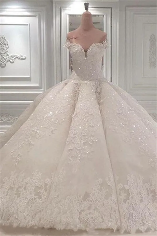 Strapless Sparkle Luxurious Train See through Ball Gown Wedding Dress