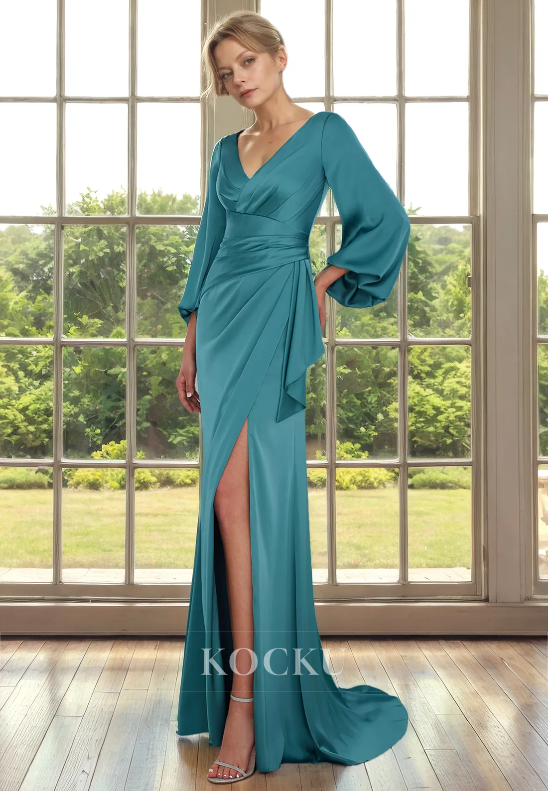 V-Neck Long sleeves Mermaid Split Ruched Satin Cocktail Mother of the Bride Dress