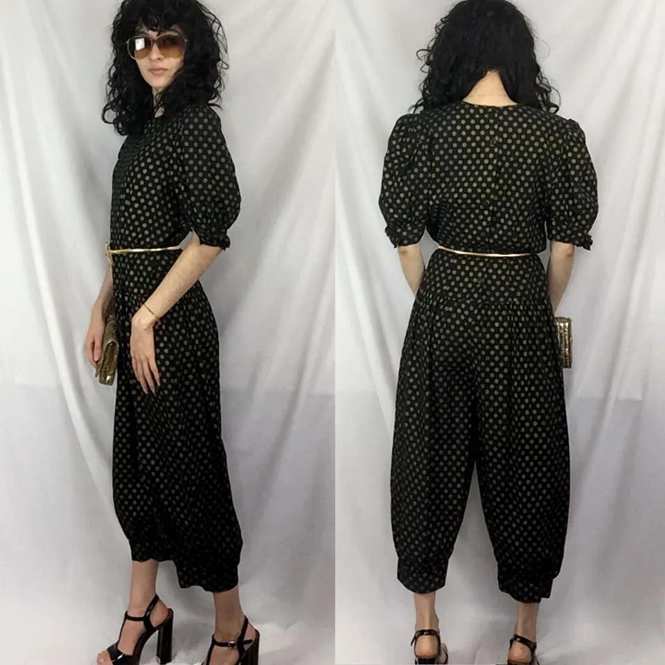 Vintage 80s 90s | Boho Puff Pouf Sleeve Jumpsuit One Piece Playsuit Pantsuit | M