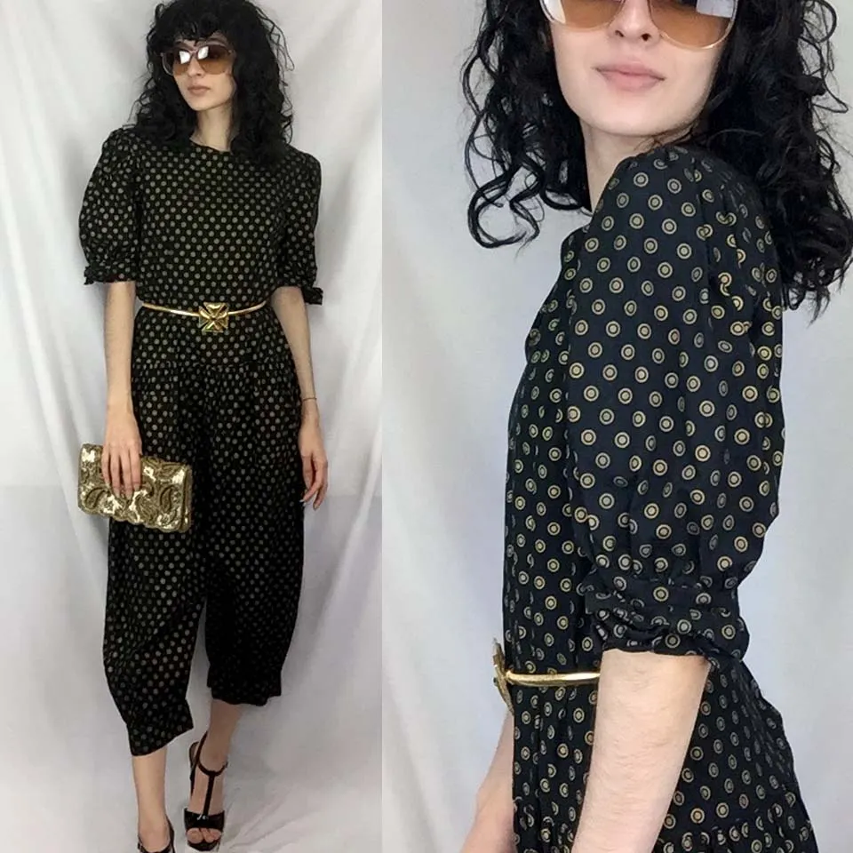 Vintage 80s 90s | Boho Puff Pouf Sleeve Jumpsuit One Piece Playsuit Pantsuit | M