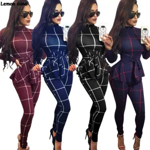 women new ruffles waist turtleneck long sleeve plaid print skinny pencil long pants jumpsuits bodycon rompers playsuits Y142