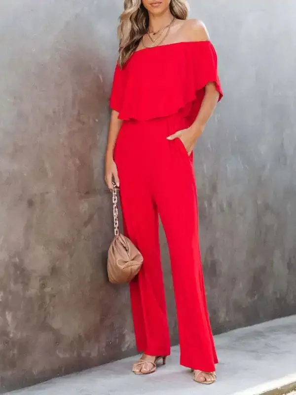 Women’s clothing one-shoulder fashion temperament off-the-shoulder jumpsuit casual wide-leg pants