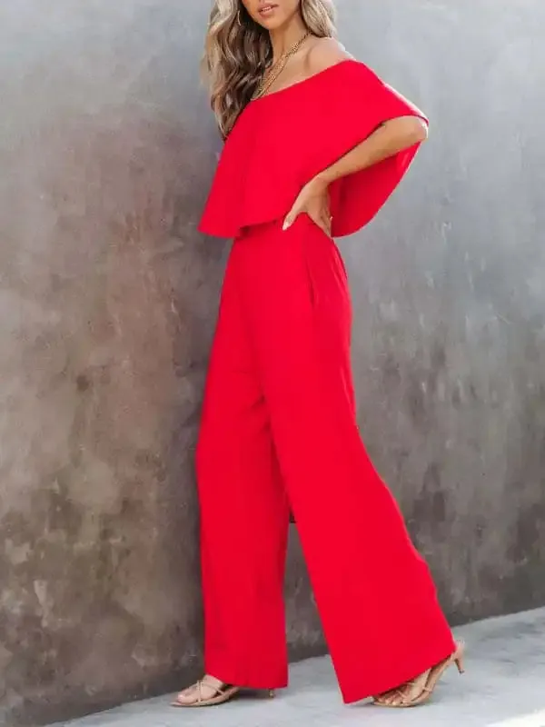 Women’s clothing one-shoulder fashion temperament off-the-shoulder jumpsuit casual wide-leg pants