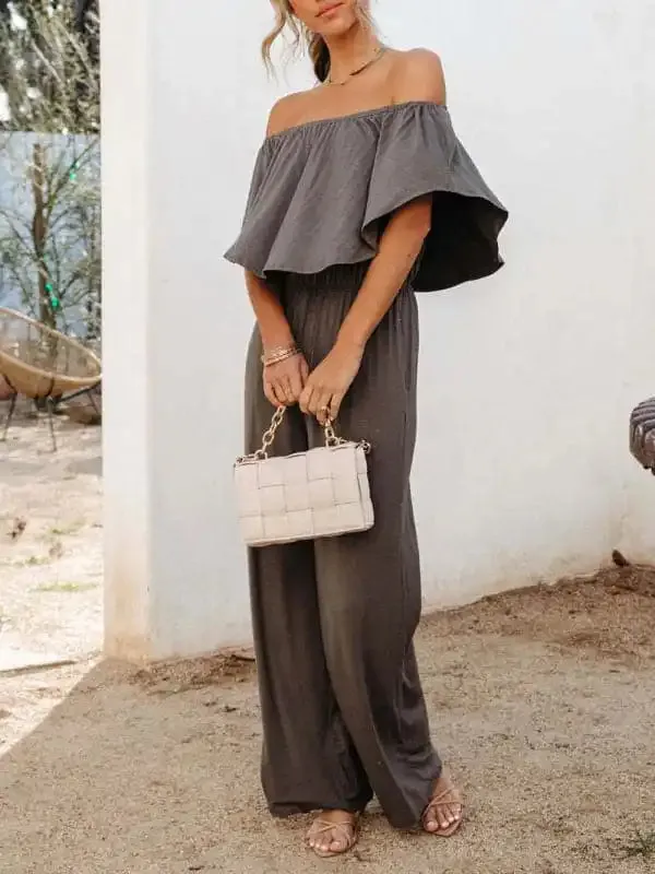 Women’s clothing one-shoulder fashion temperament off-the-shoulder jumpsuit casual wide-leg pants