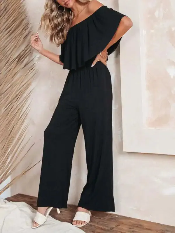 Women’s clothing one-shoulder fashion temperament off-the-shoulder jumpsuit casual wide-leg pants