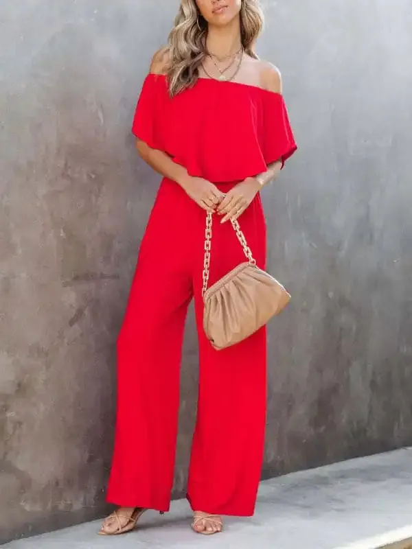 Women’s clothing one-shoulder fashion temperament off-the-shoulder jumpsuit casual wide-leg pants