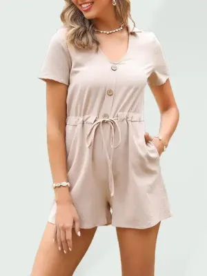 Women’s Round Neck Short Solid Color Lapel Lapel Short Sleeve Romper