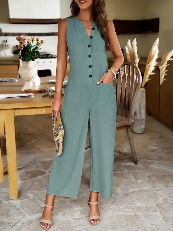 Women's Single Breasted Button Down V-Neck Short Sleeve Mid Waist Jumpsuit