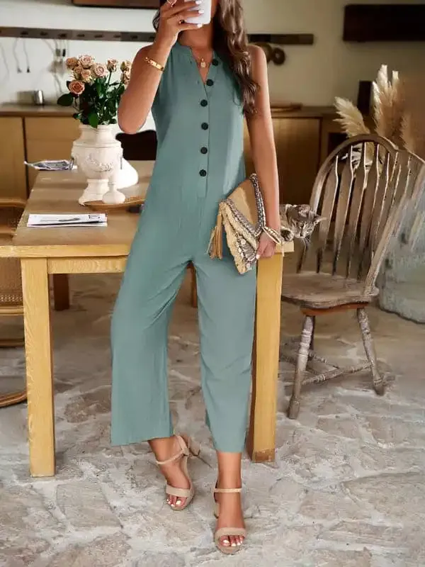 Women's Single Breasted Button Down V-Neck Short Sleeve Mid Waist Jumpsuit