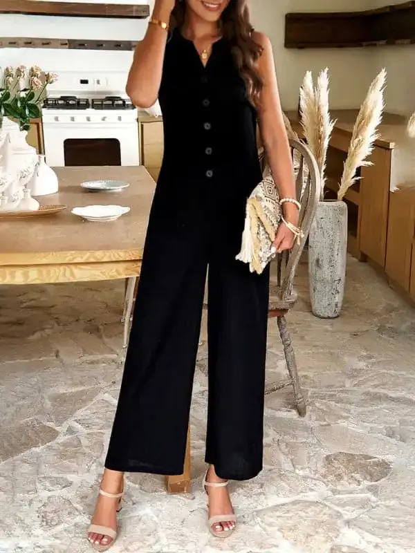 Women's Single Breasted Button Down V-Neck Short Sleeve Mid Waist Jumpsuit