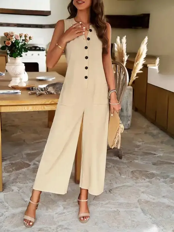 Women's Single Breasted Button Down V-Neck Short Sleeve Mid Waist Jumpsuit