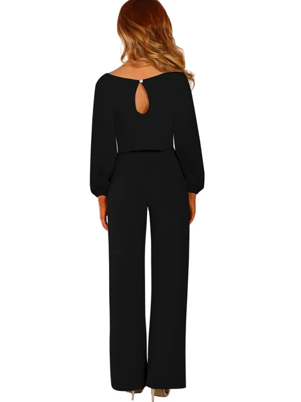 Women's Solid Color Crewneck Long Puff Sleeve Waist Tie Jumpsuit Pants