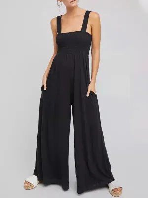 Women’s Square Neck Casual Slim Pleated Jumpsuit